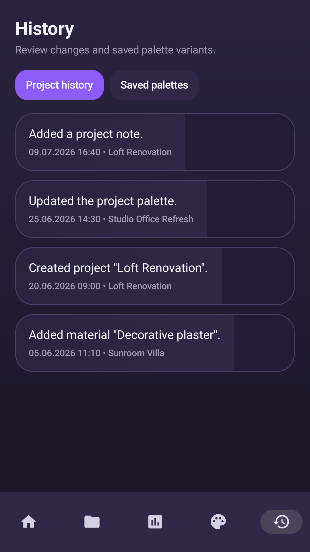 Palette Insights history screen